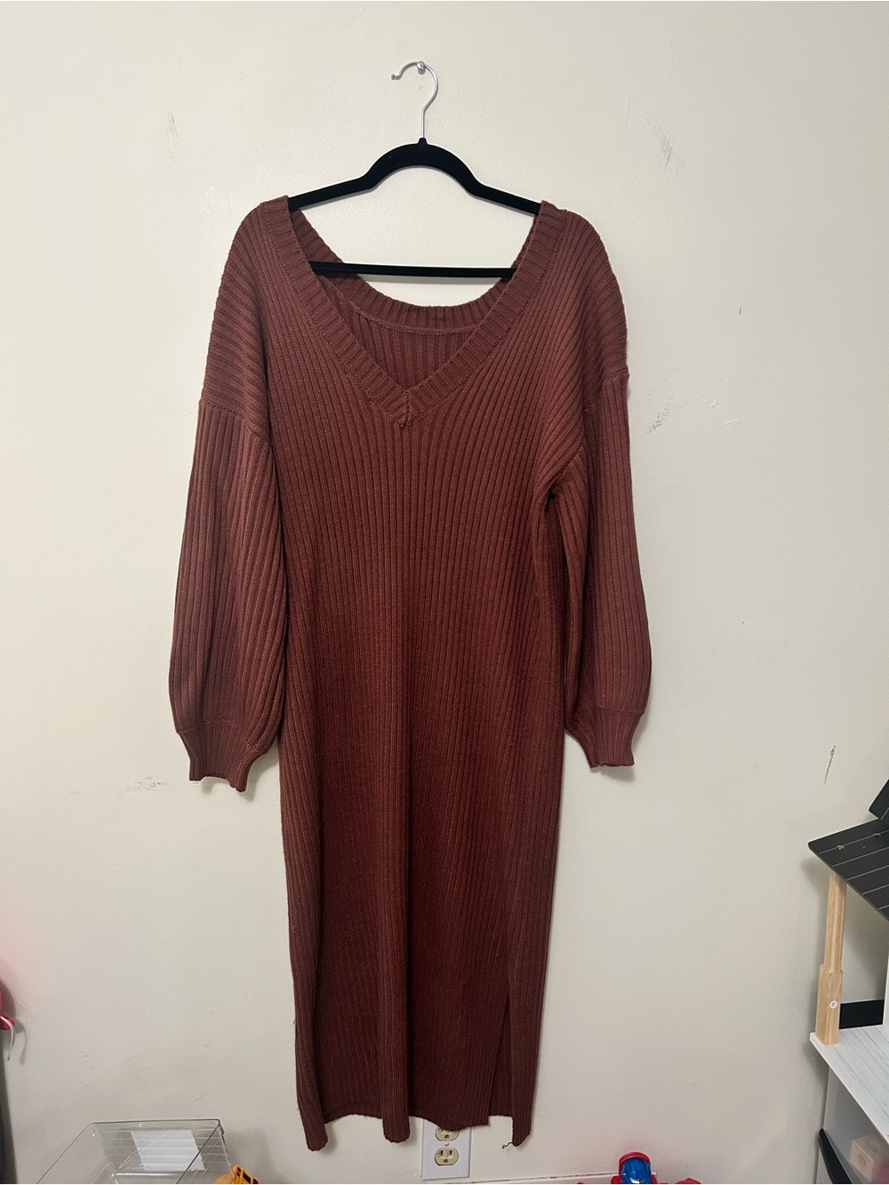 Ribbed V-Neck Long Sleeve Sweater Dress - Mauve